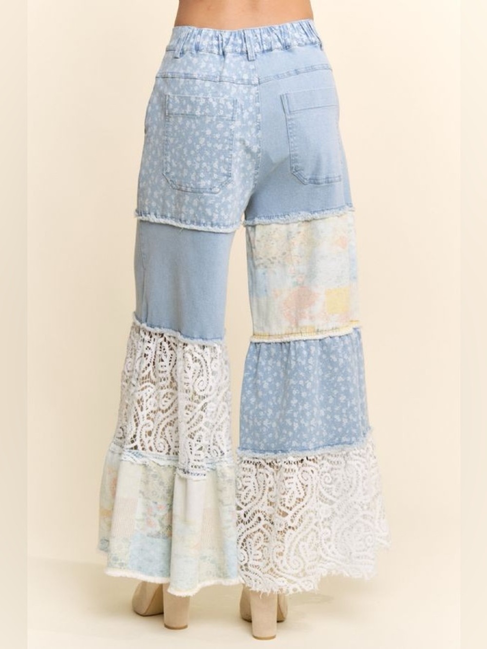 DD14. DAVI & DANI Light Blue Patchwork Lace Wide-Leg Jeans - Picture 2 of 2